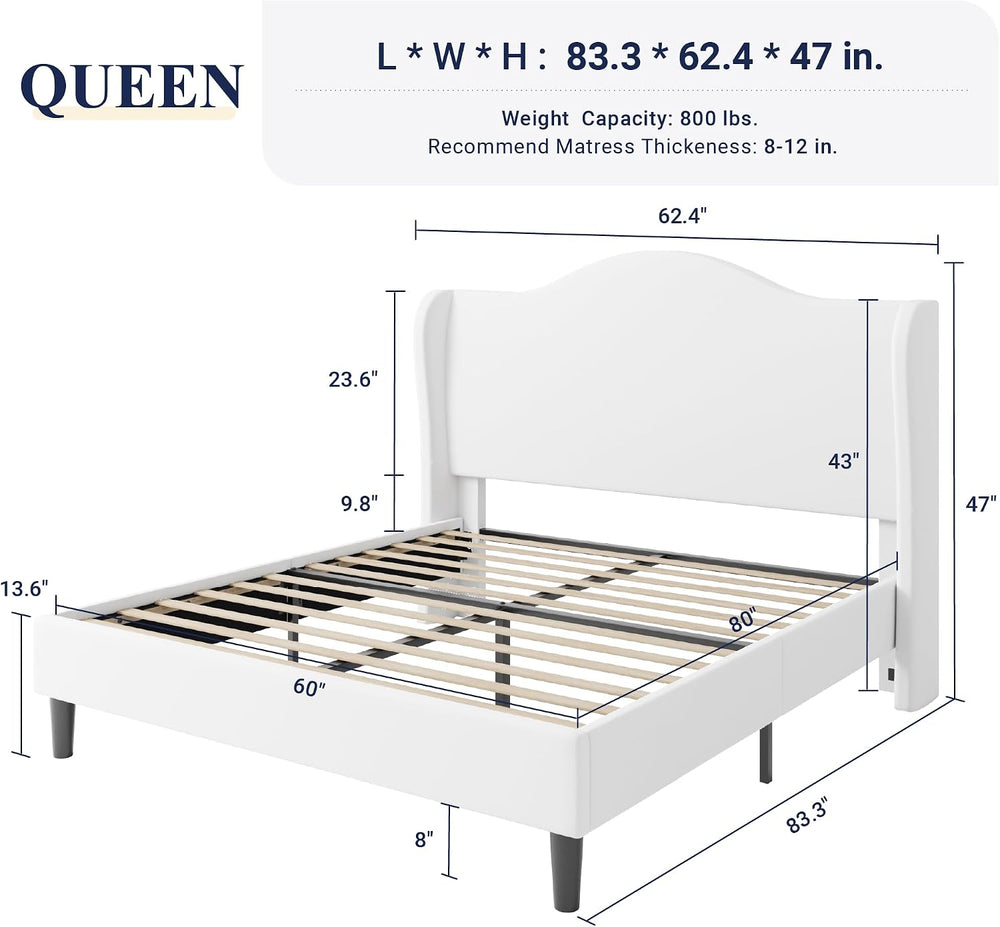 Allewie Queen Size Bed Frame, Plush Velvet Wingback, Modern Style, White