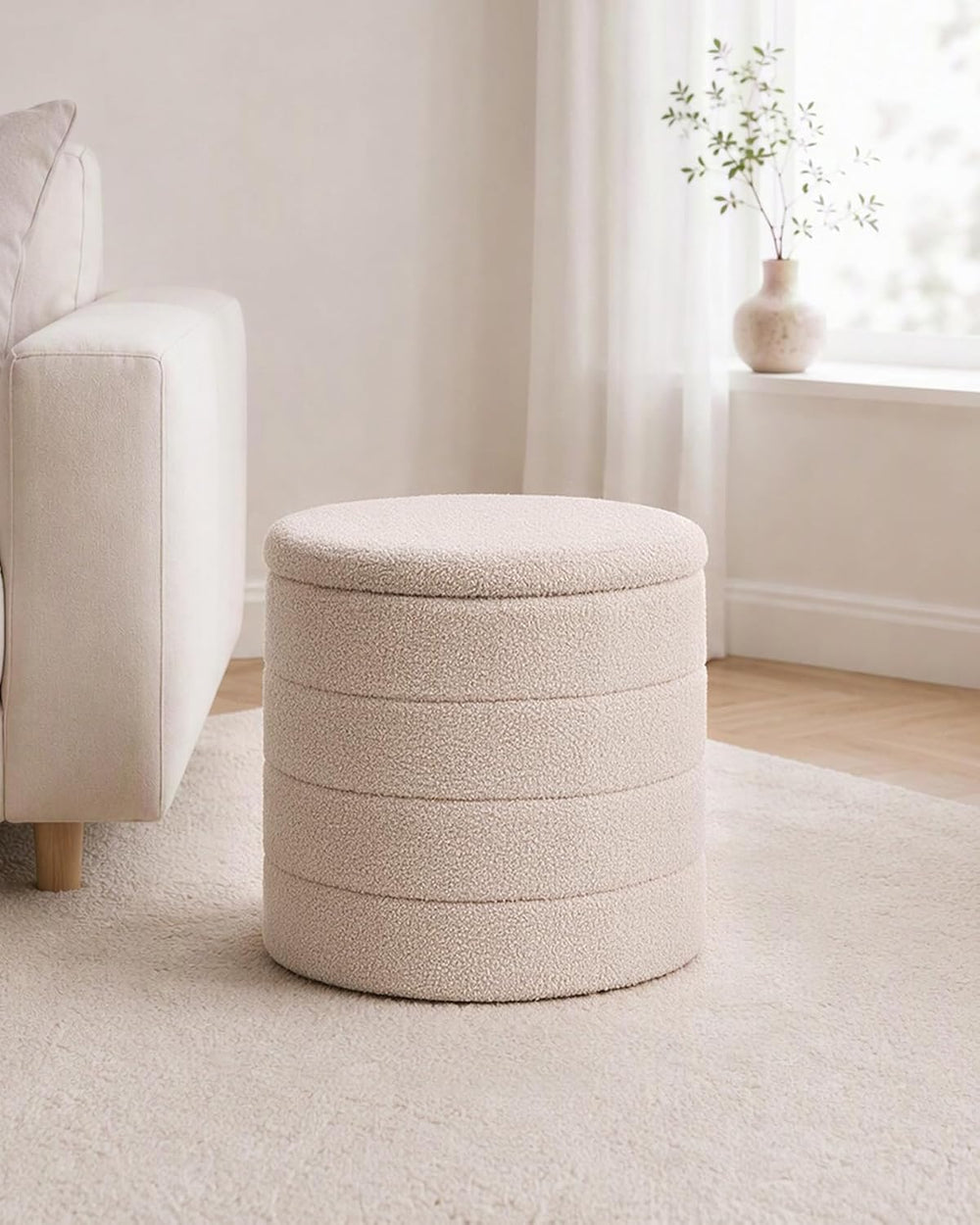 B FSOBEIIALEO Folding Storage Ottoman, Round Sherpa Ottomans, Beige