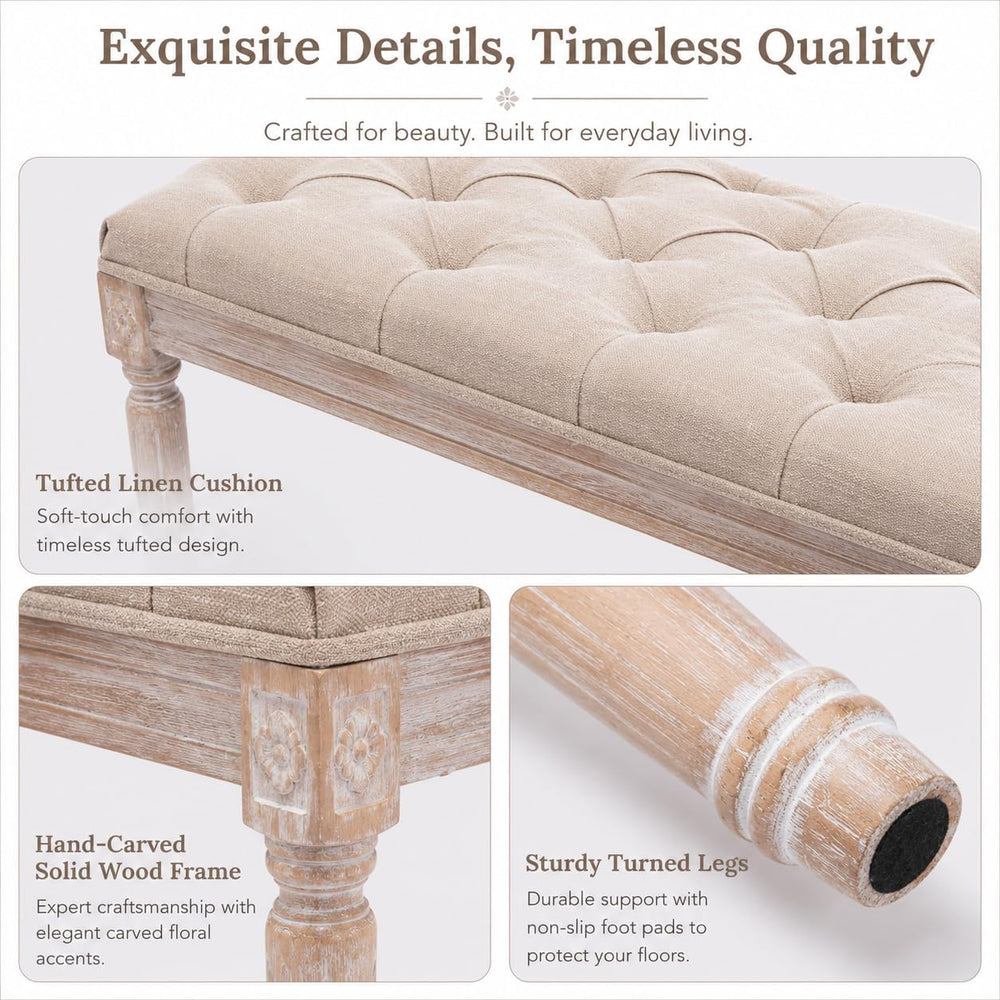 Kmax Tufted Entryway Bench, Upholstered Rustic Ottoman Bench, 31.5" x 15...