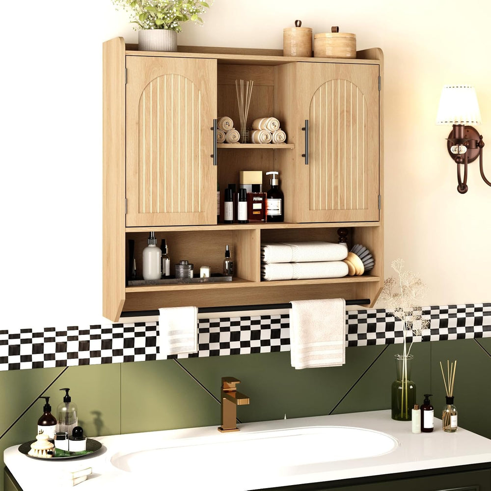 RUSTOWN Fluted Bathroom Wall Cabinet with Arched Doors & Adjustable Shelves