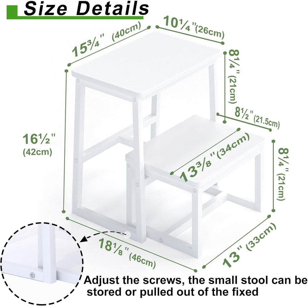 2 Step Stool for Adults Wooden Step Stool with 500 Lbs, White