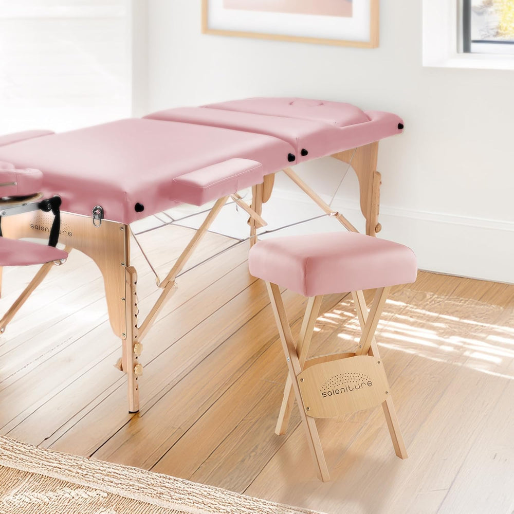 Saloniture Wood Folding Massage Stool with Carrying Case, Pink