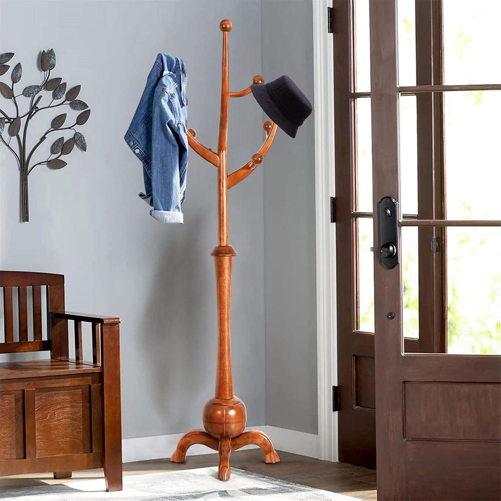 Coat Rack Freestanding Wood Coat Tree with Stable Sphere Base, Light Brown