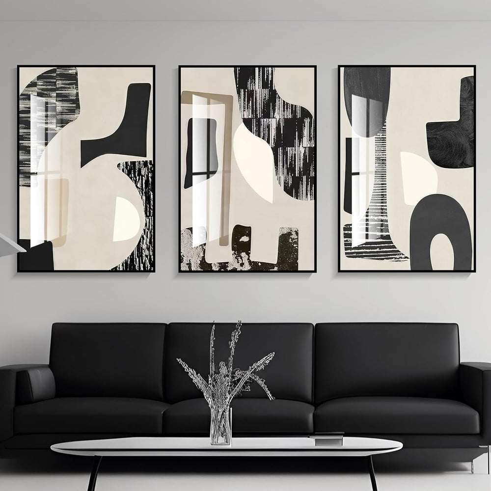 QKF 3Pcs Black White Abstract Crystal Geometric Framed Canvas Wall Art Set