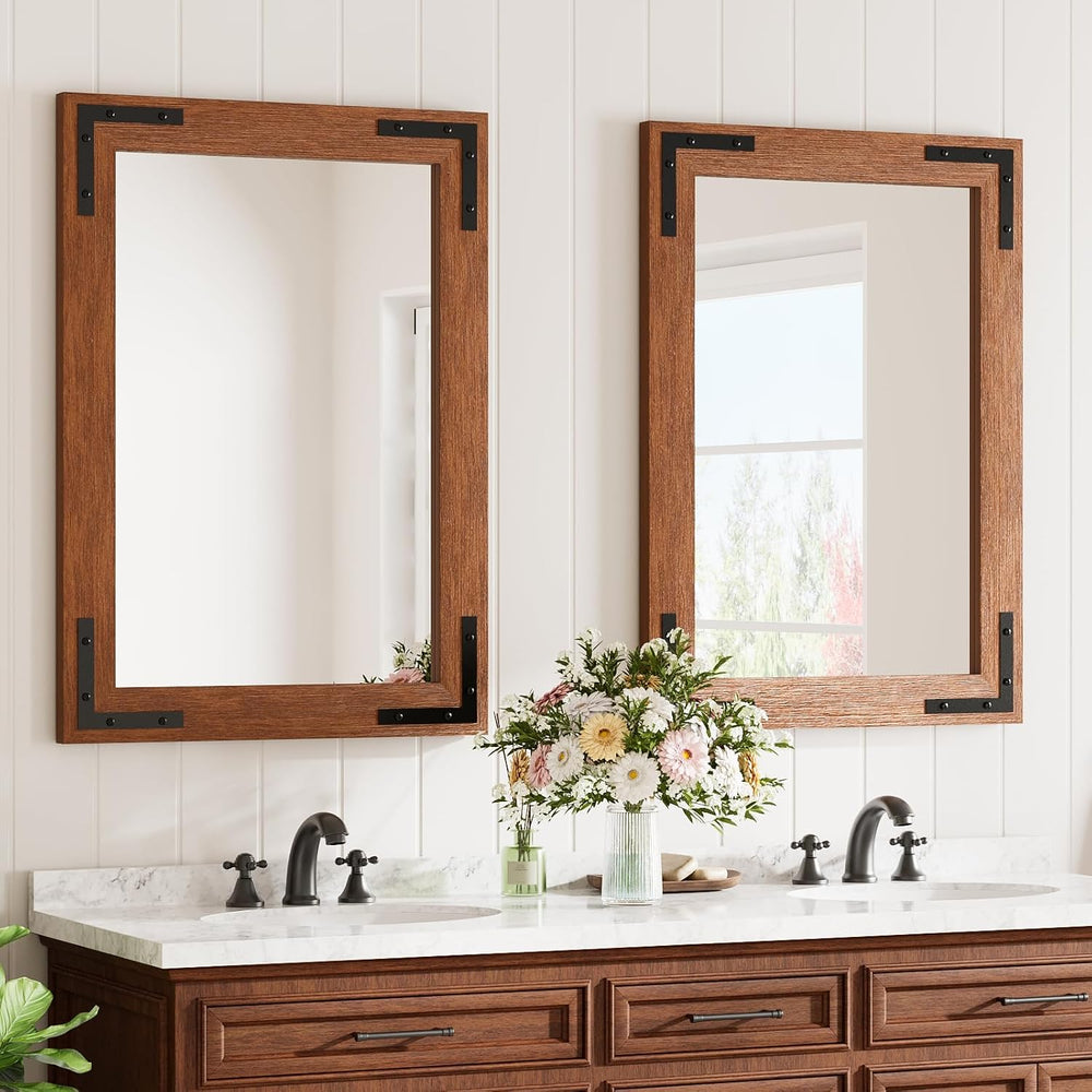 Farmhouse Bathroom Mirror,20"x28" Brown Wood Rectangle Wall Mirror