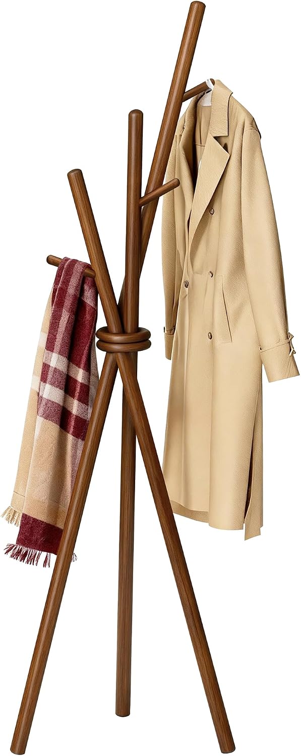 VICITON Wooden Coat Rack, Tripod Coat Tree Freestanding with 3 Hooks for Clot...