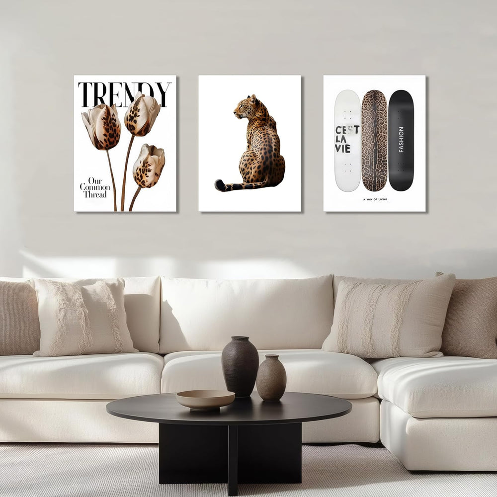 Trendy Leopard Canvas Wall Art Set of 3 Cheetah Printed Preppy Fashion Skateb...