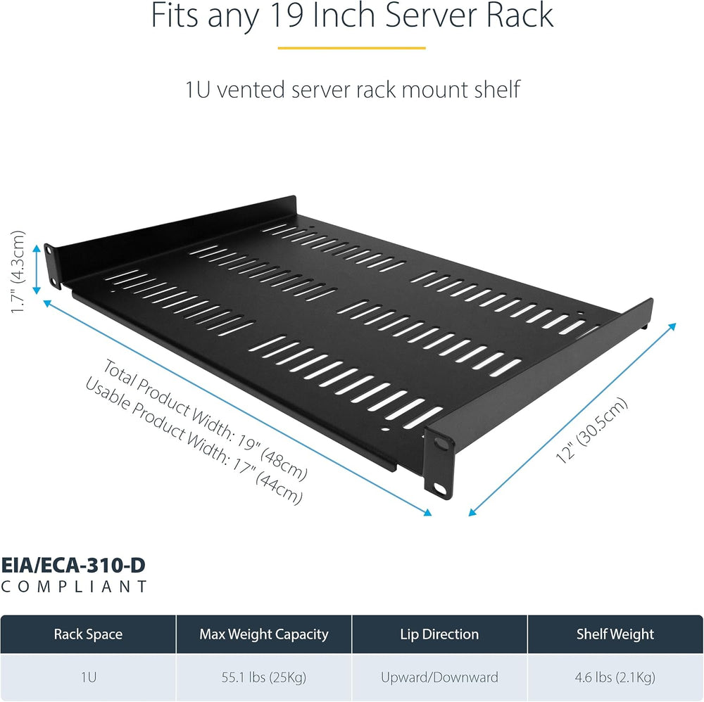 StarTech 1U Vented Cantilever Shelf, 12in, 55lb, 25kg (SHELF-1U-12-FIXED-V)