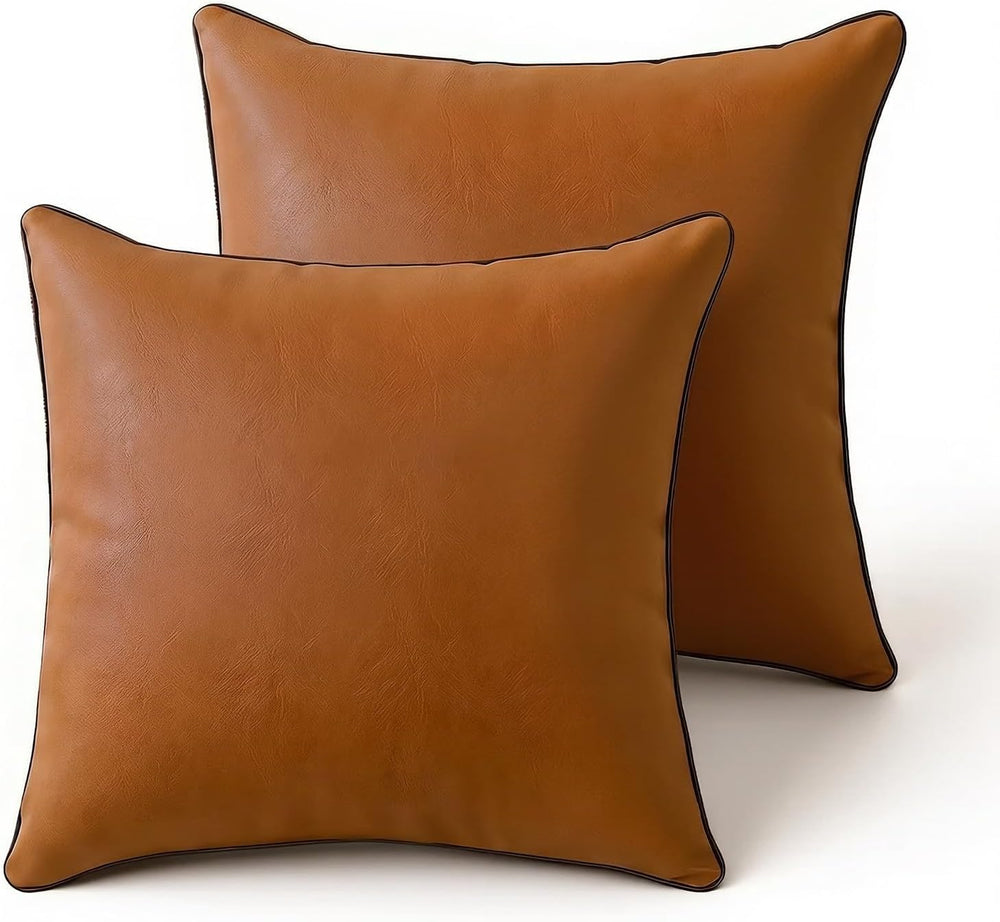 Brown Faux Leather Pillow Covers 18in Set of 2, Water-Resistant Crazy Horse