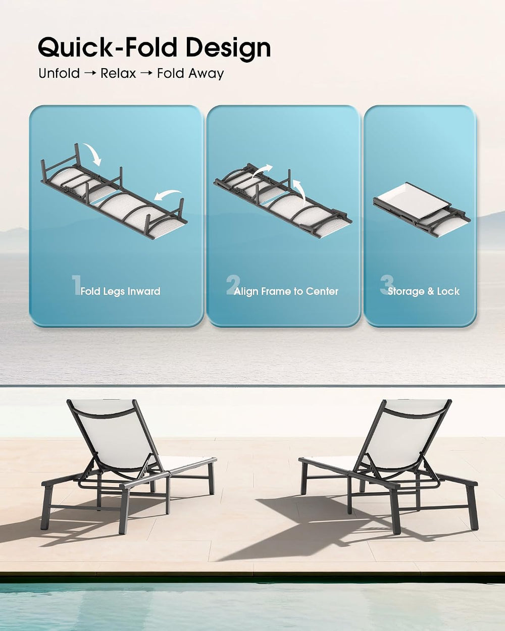 Ciokea Foldable Outdoor Lounge Chair, No Assembly Patio Chaise Lounge Outdoor...