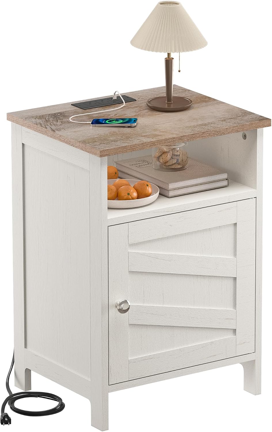 Nightstand with Charging Station, Farmhouse Night Stand Bedside Table with Op...
