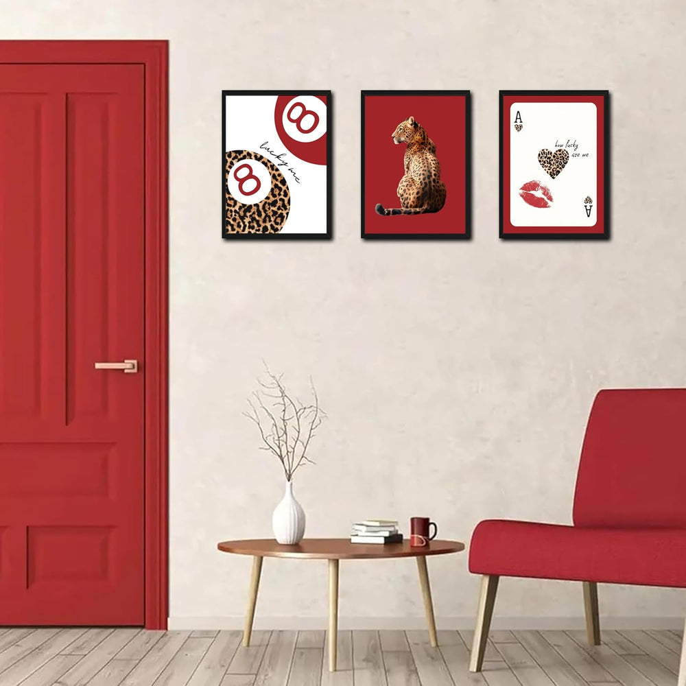 Framed Trendy Leopard Wall Art Set of 3, Red Funky Preppy Cheetah Wall Decor ...