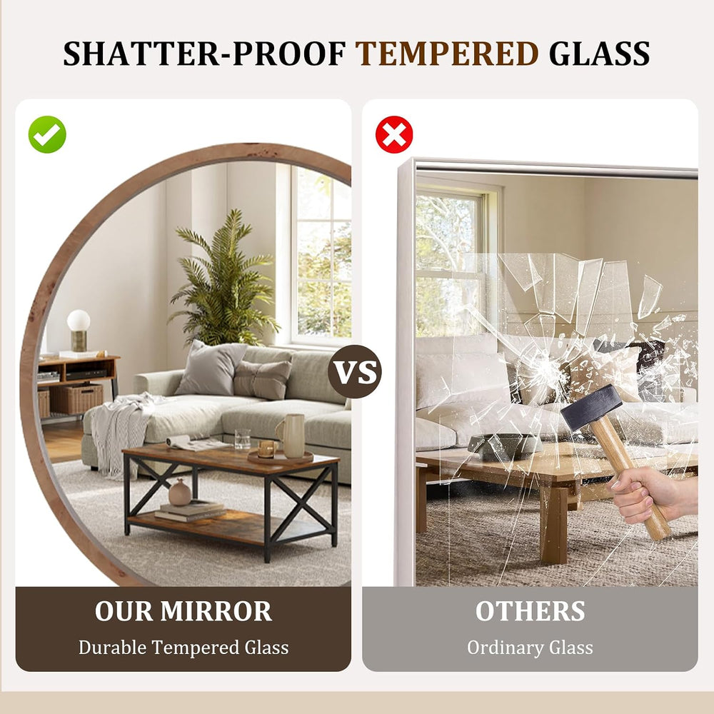 WallBeyond 28 Inch Round Wood Mirror, Burlwood Grain Wood Frame Circle Mirror...