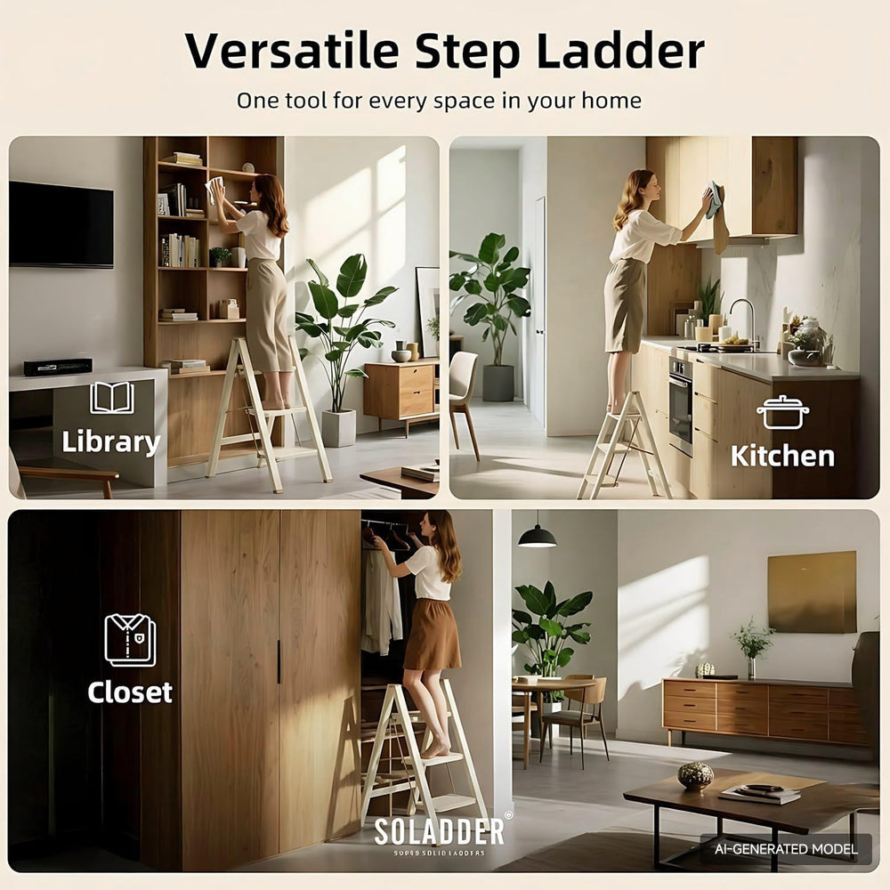 SOLADDER 3 Step Ladder, Folding Step Stool, Cream Chocolate