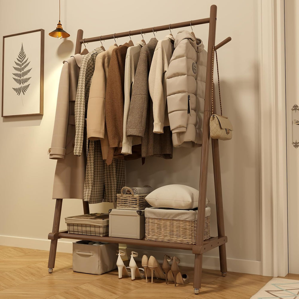 Muwuele Solid Wood Clothing Rack On Wheels for Hanging Clothes,Walnut