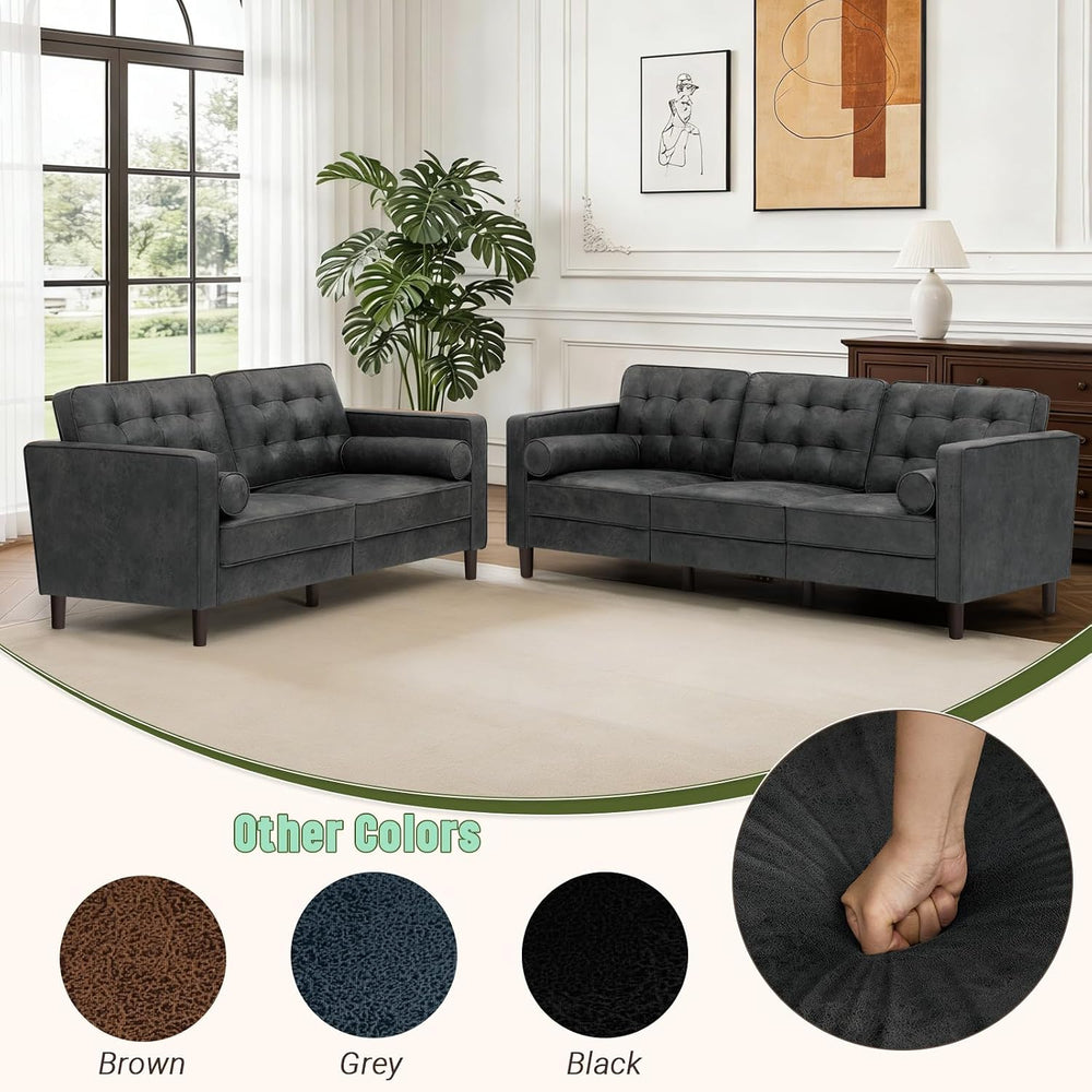 Suede Leather Upholstered Sofa Set with Tufted Backrests, Grey
