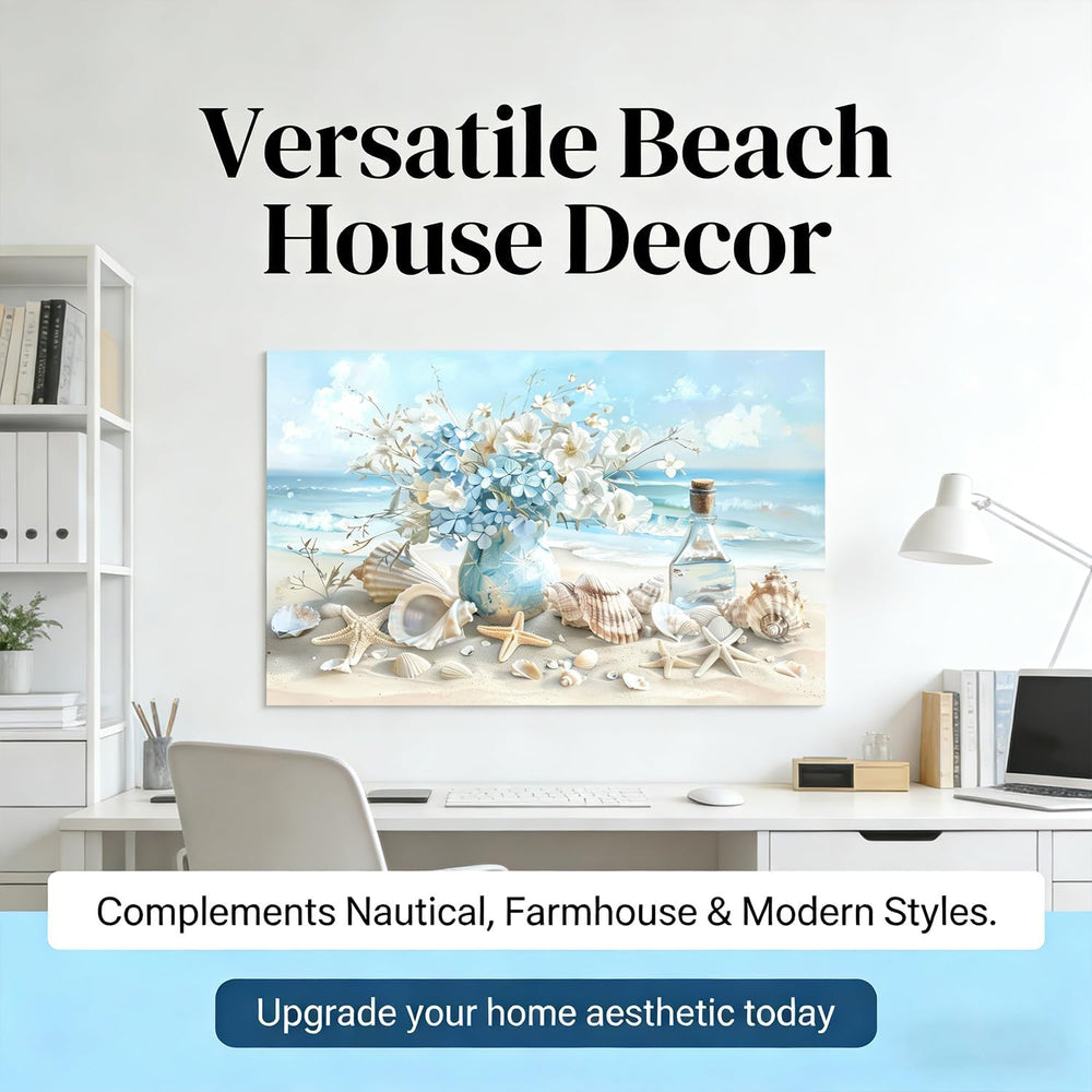 Blue Ocean Beach Bathroom Canvas Wall Art Seaside Seashell Painting Picture W...