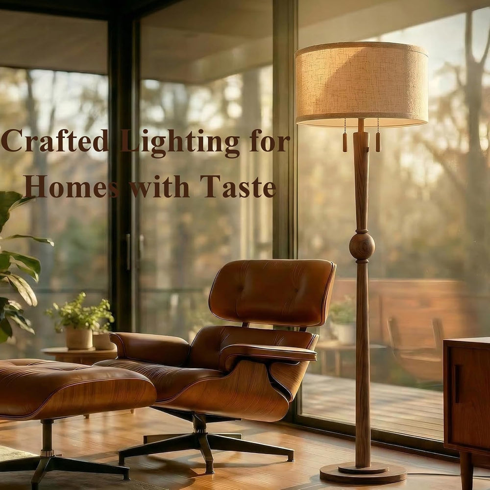 MOFFE Solid Wood Floor Lamp for Living Room with Wooden Pull Chains