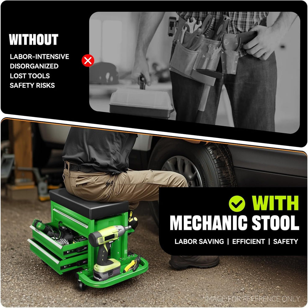 Auto Dynasty Mechanic Rolling Seat, 3-Drawer w/Tool Tray, 350LBS, Green