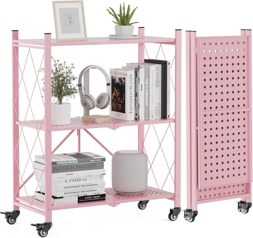 ALANNG 3 Tier Folding Shelf on Wheels, Heavy Duty Rolling Storage Cart