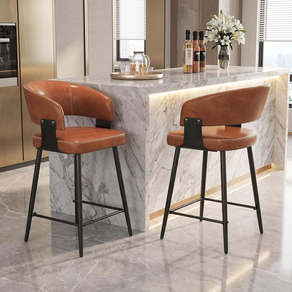 26" Counter Height Bar Stools, Padded Bar Chairs, Set of 2, Brown