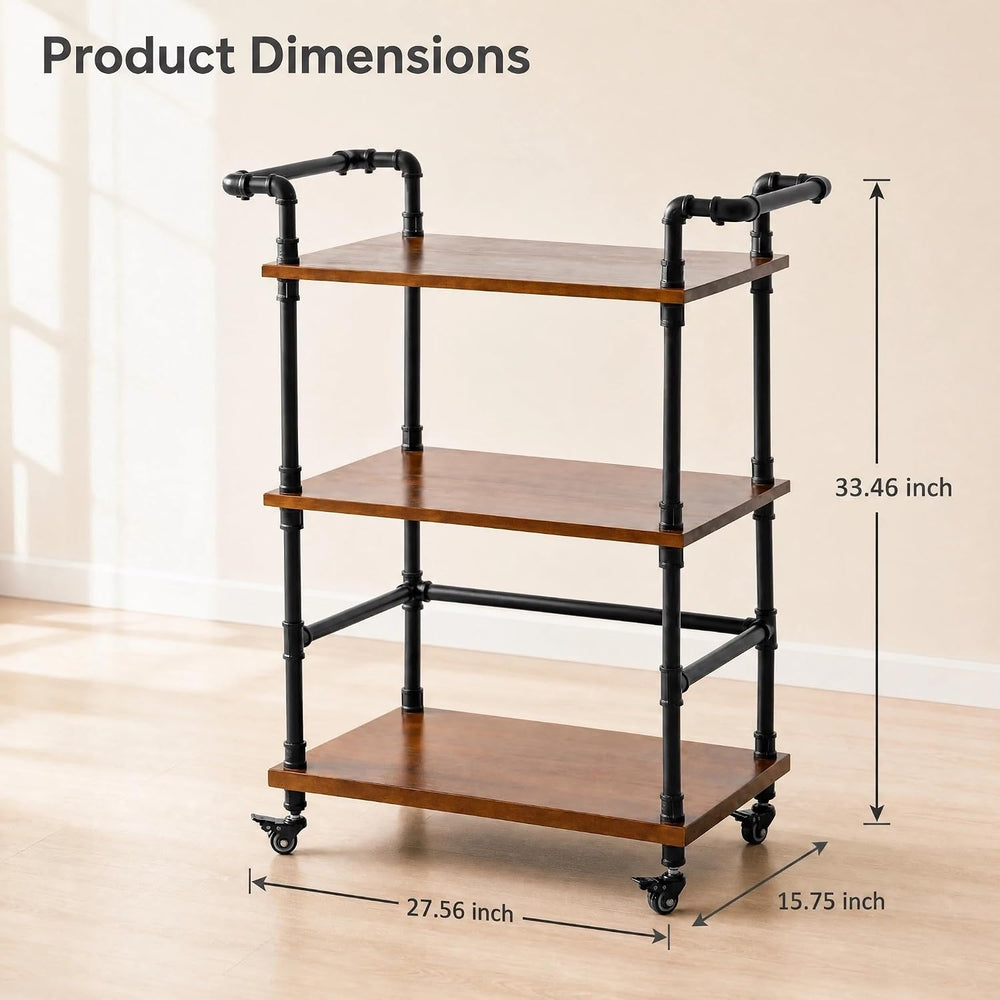 Industrial Pipe Bar Carts, Solid Wood Serving Carts, Rolling Kitchen Carts