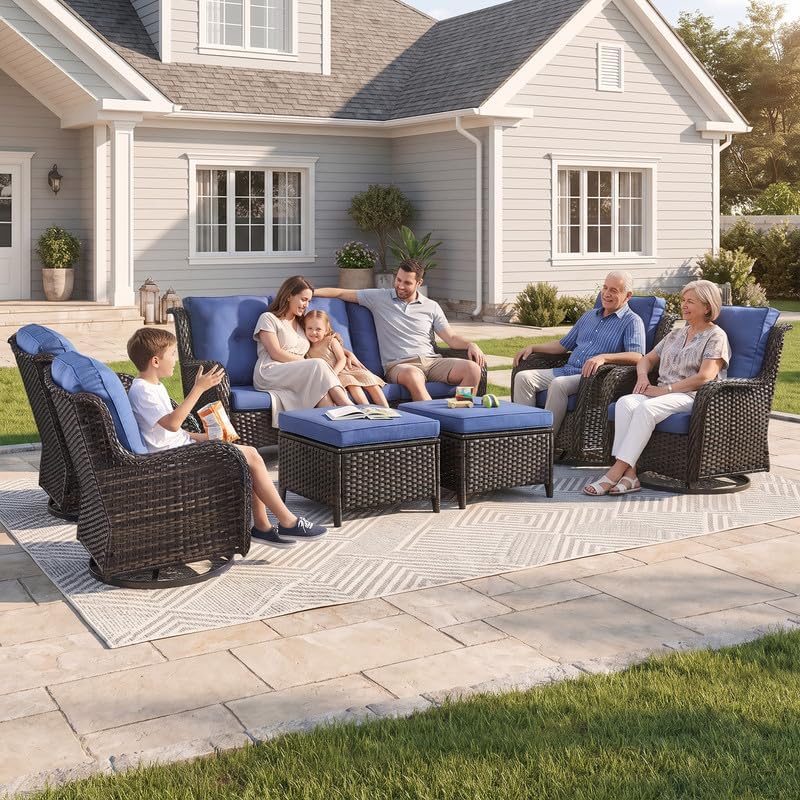 2 Pieces Outdoor Wicker Swivel Rocker Patio Chairs Set of 2, Cushions Blue
