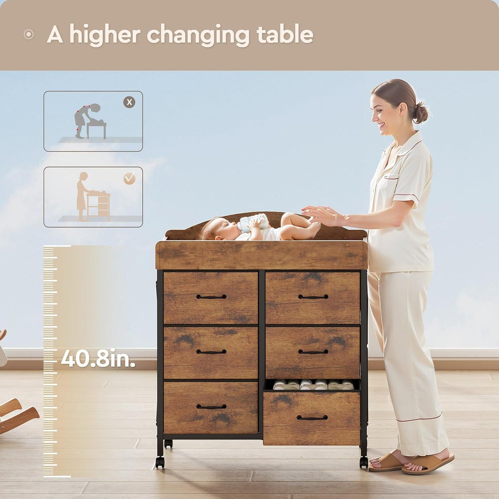 YeTom Changing Table Dresser, 6 Fabric Drawers, Mobile Storage, Brown