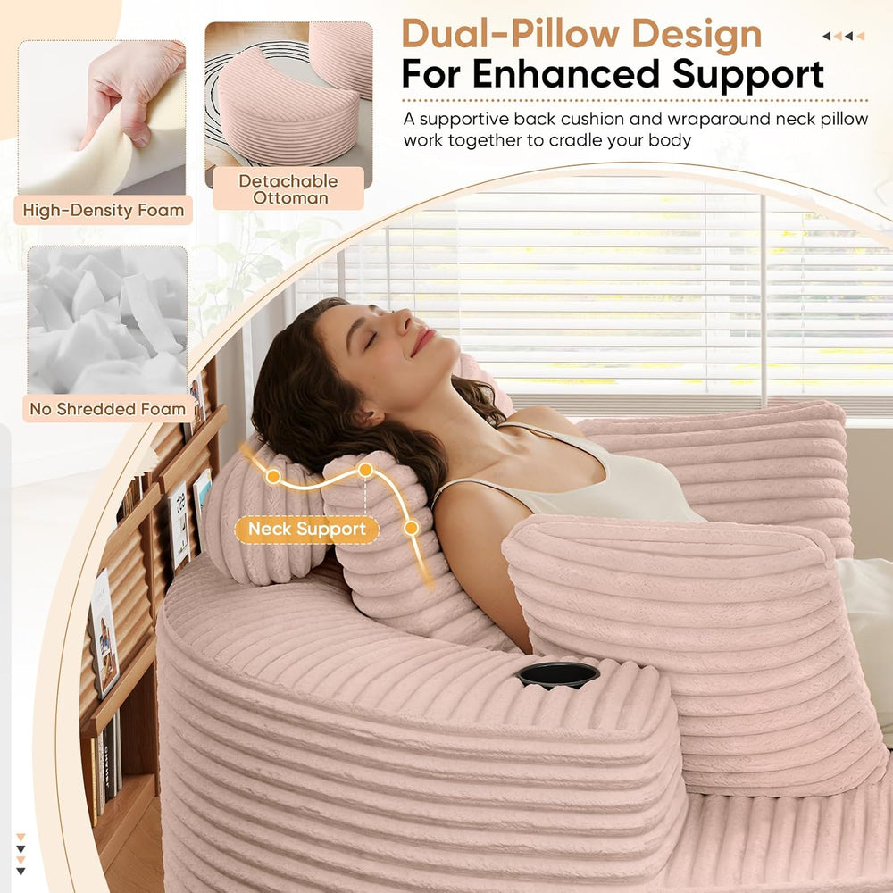 Oversized Round Chaise Longue Chair with Ottoman, Modern Corduroy Deep Seat C...