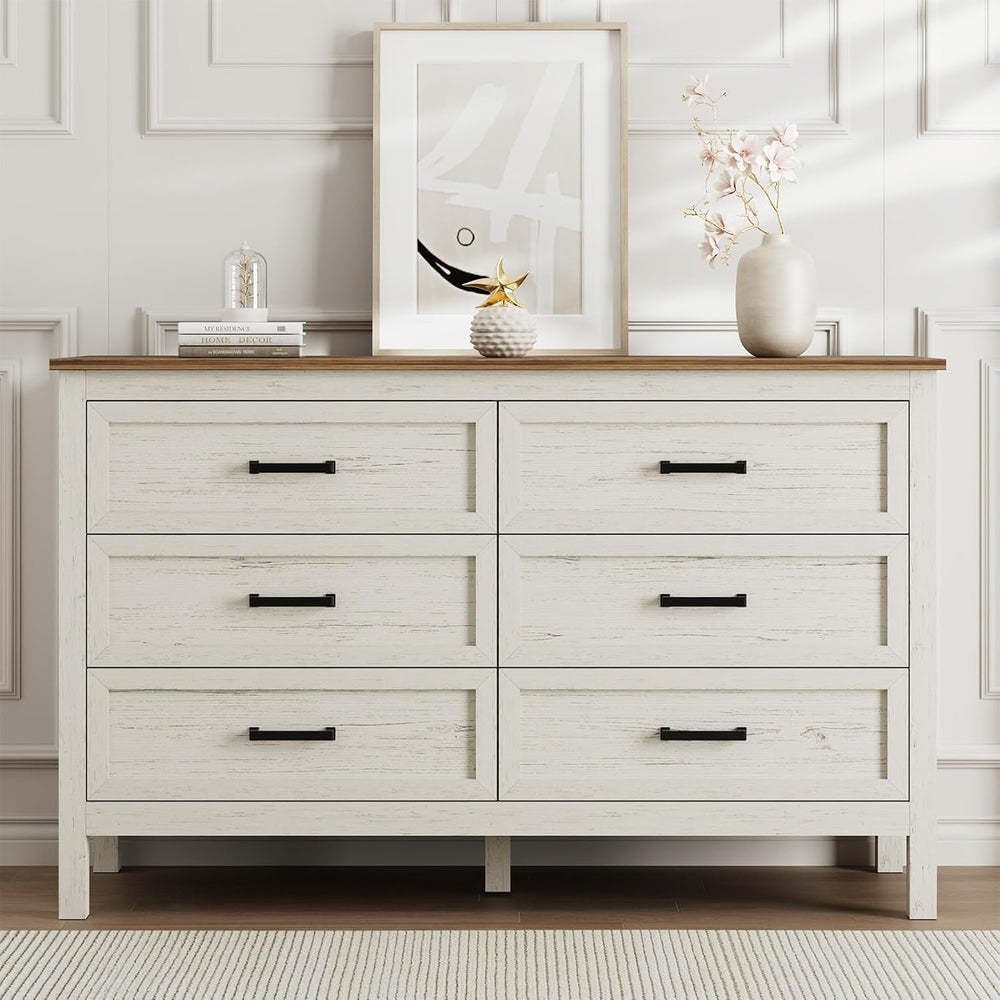 LYNSOM Farmhouse 6 Drawers Dresser for Bedroom, Wood Rustic Wide Chest of Dra...