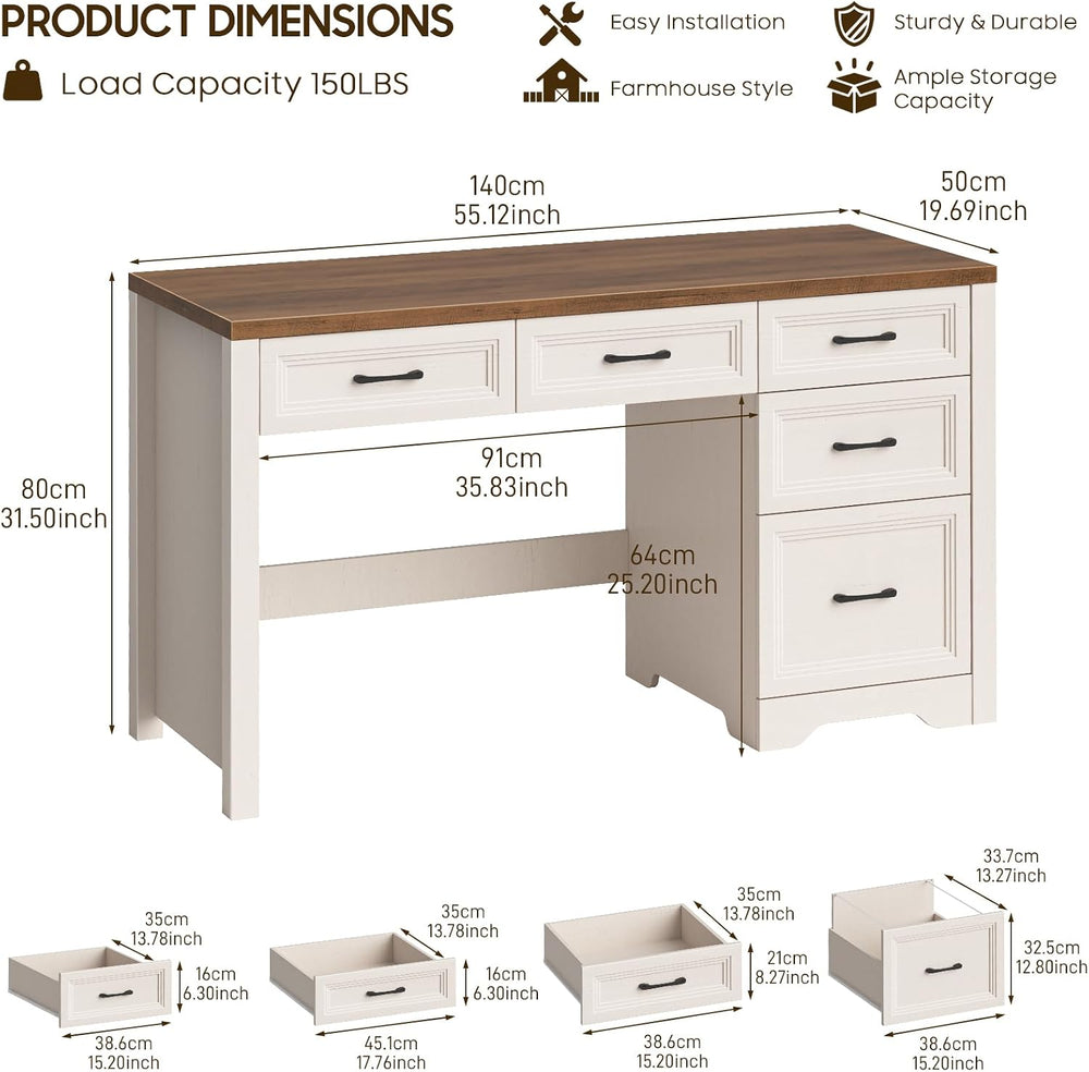 Vabches 55″ Farmhouse Desk with 5 Storage Drawers, Unique White