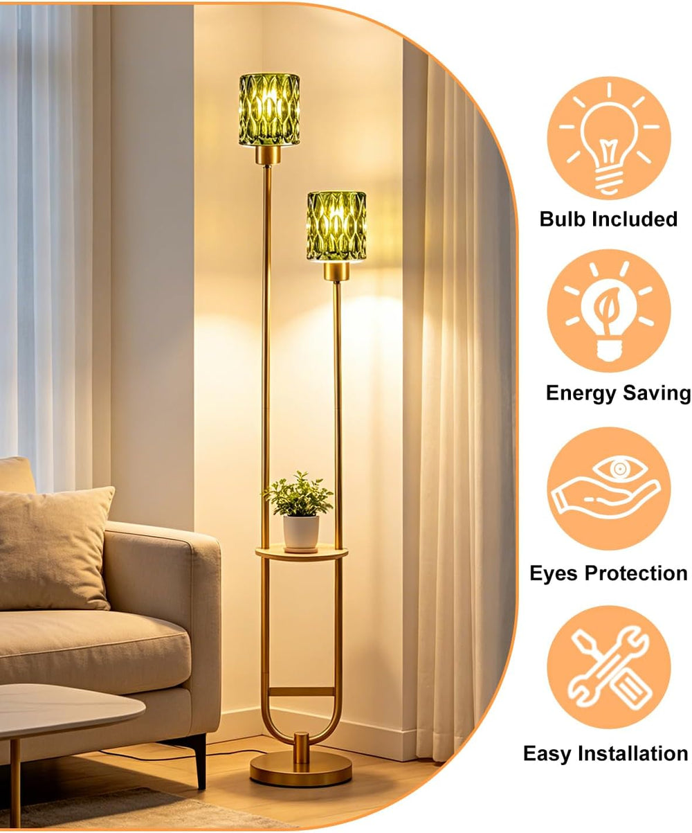 Green Glass Floor Lamp with Table Shelf, Modern Gold Standing Lamp