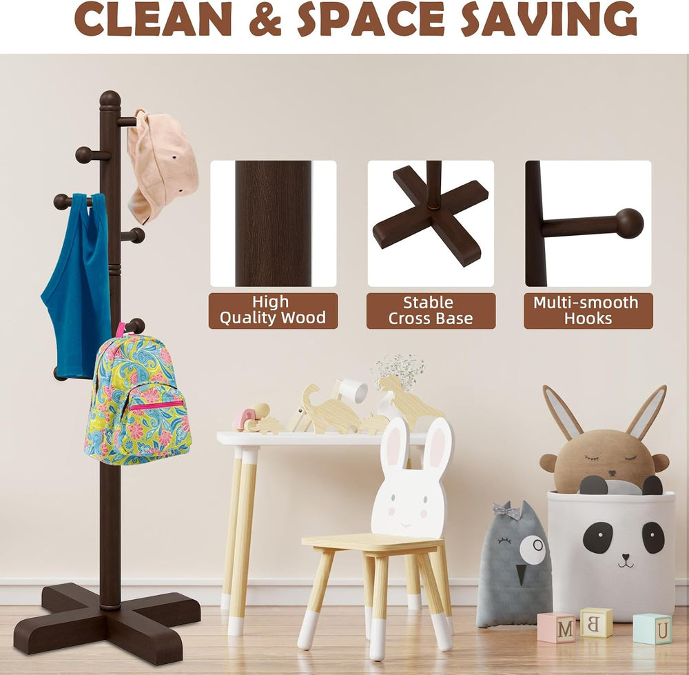 8-Hook Freestanding Wooden Coat Rack 2 Adjustable Heights Brown
