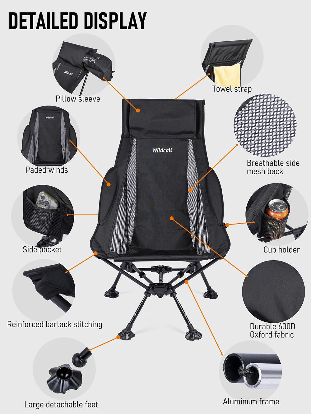 WildCall Lightweight Folding Camping Chair Anti-Sinking Chair, High Back
