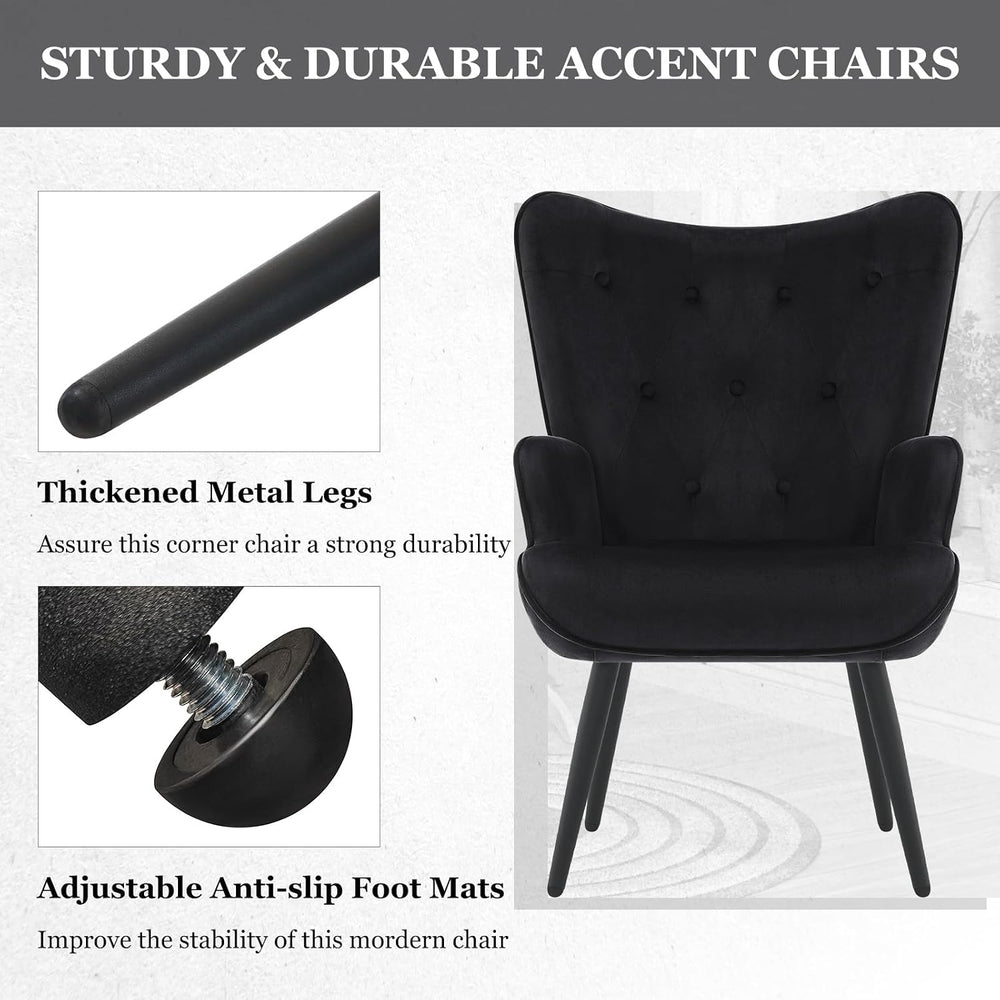 Furnimart Black Velvet Accent Chair Mid Century Modern Living Room Chairs; Co...