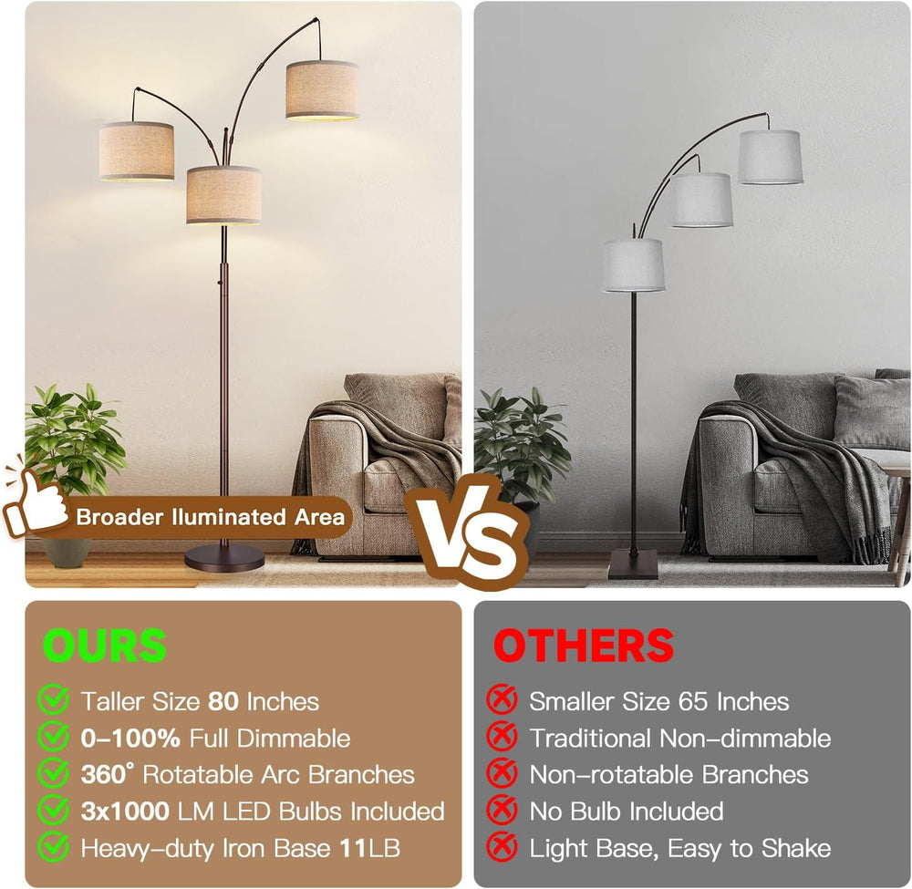 Dimmable Floor Lamp, 3 Lights Brown Arc Floor Lamp, Modern Tall Standing Tree...
