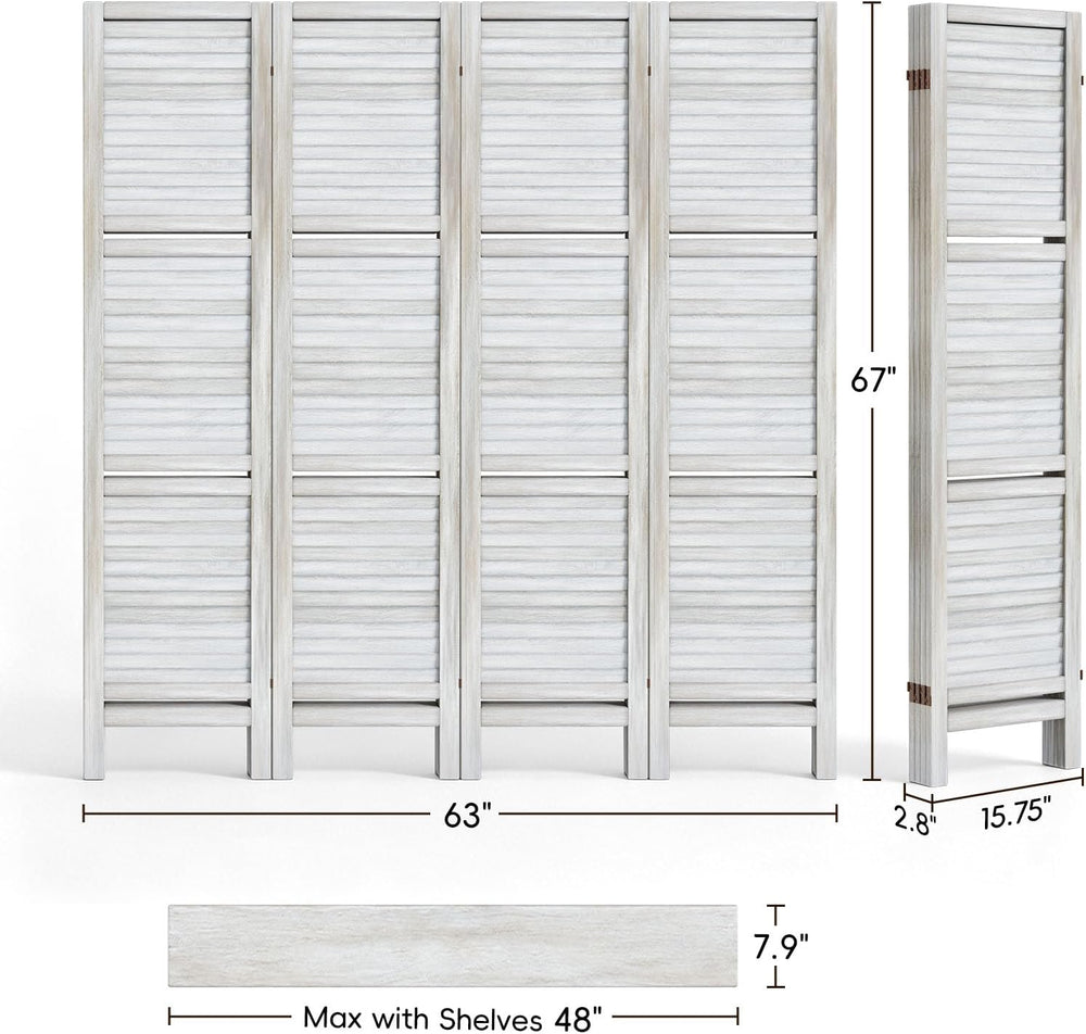 TEAKMAMA Room Divider, Room Divider with Shelves, 4 Panel,Distressed White