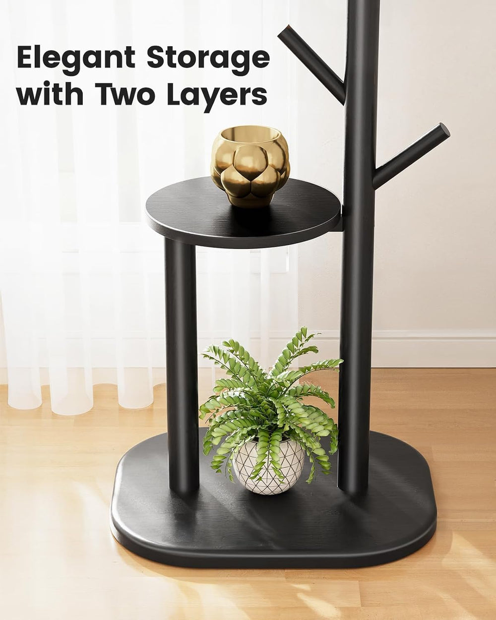 Pipishell Solid Wood Freestanding Coat Rack with 8 Hooks & Shelves, Black