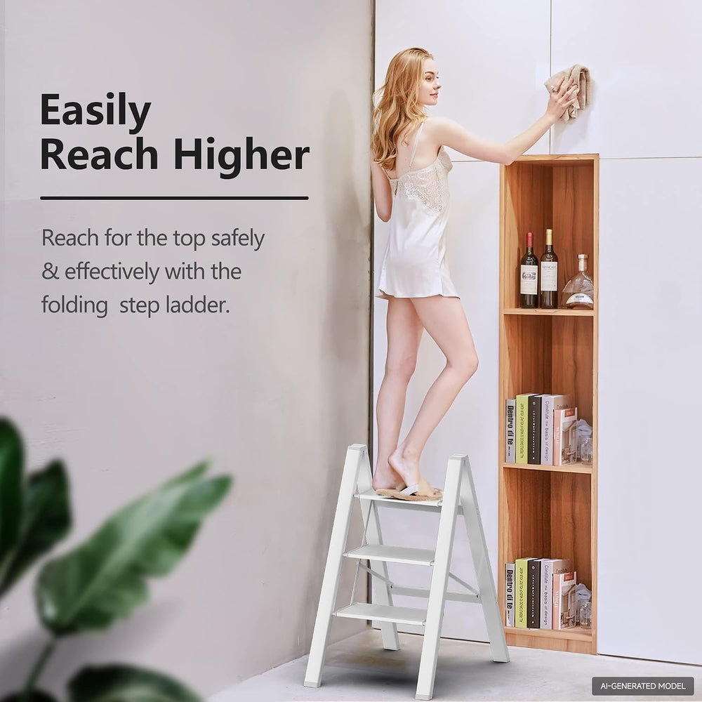 SOLADDER 3 Step Ladder, Folding Step Stool, Lightweight Stepladder, White
