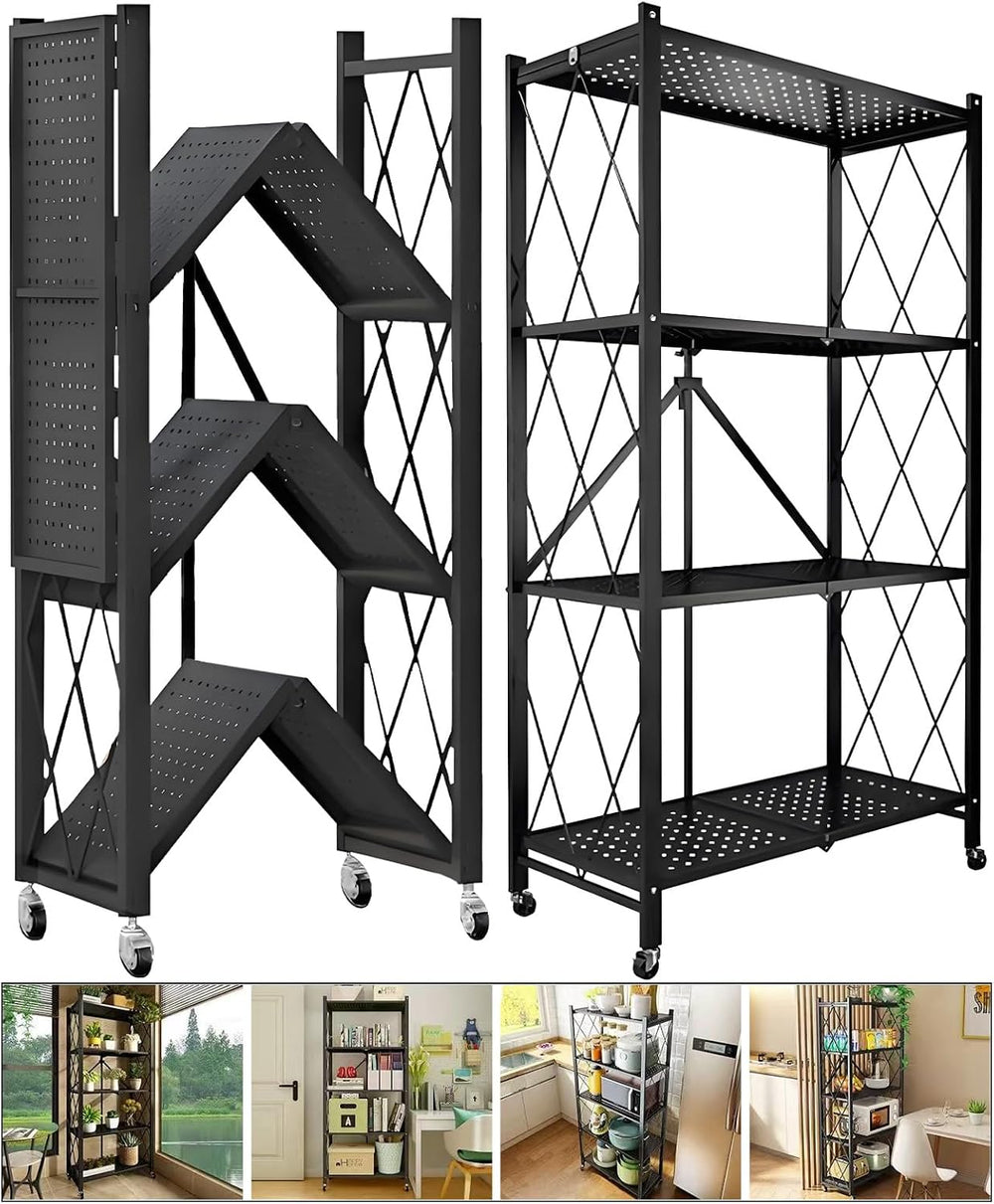 4-Tire Storage Shelves Organizer, Foldable Metal Garage Shelving, Portable Cl...