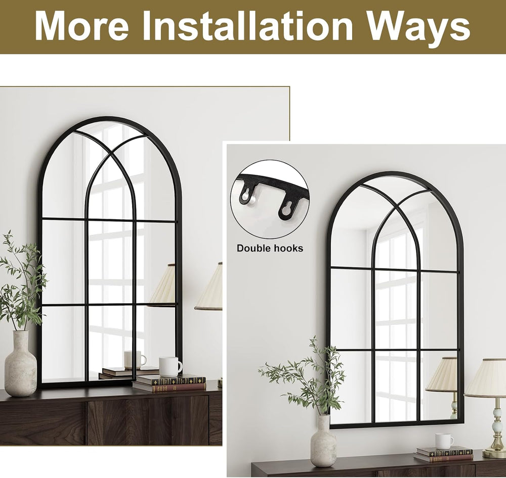 Rowjut Arched Top Window Glass Wall Mirror 42" x 24" Black Iron