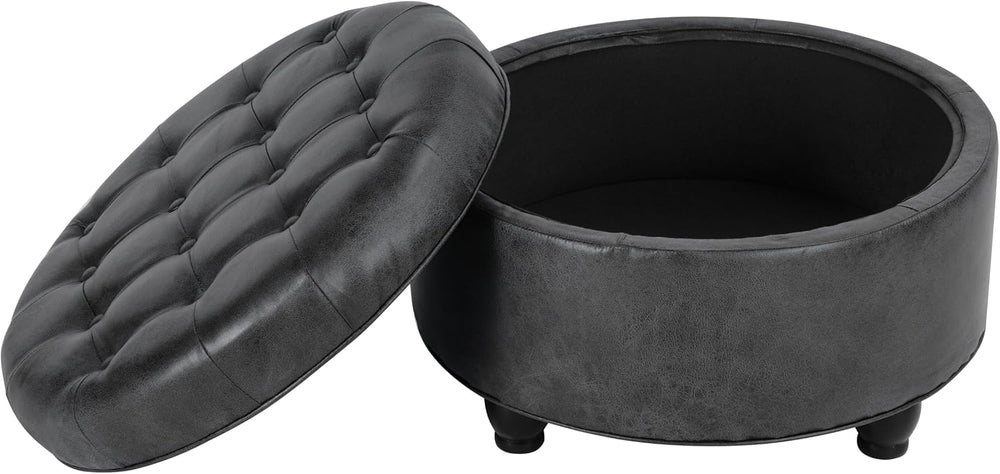 HomePop 25" Button Tufted Round Storage Ottoman - Gray Faux Leather