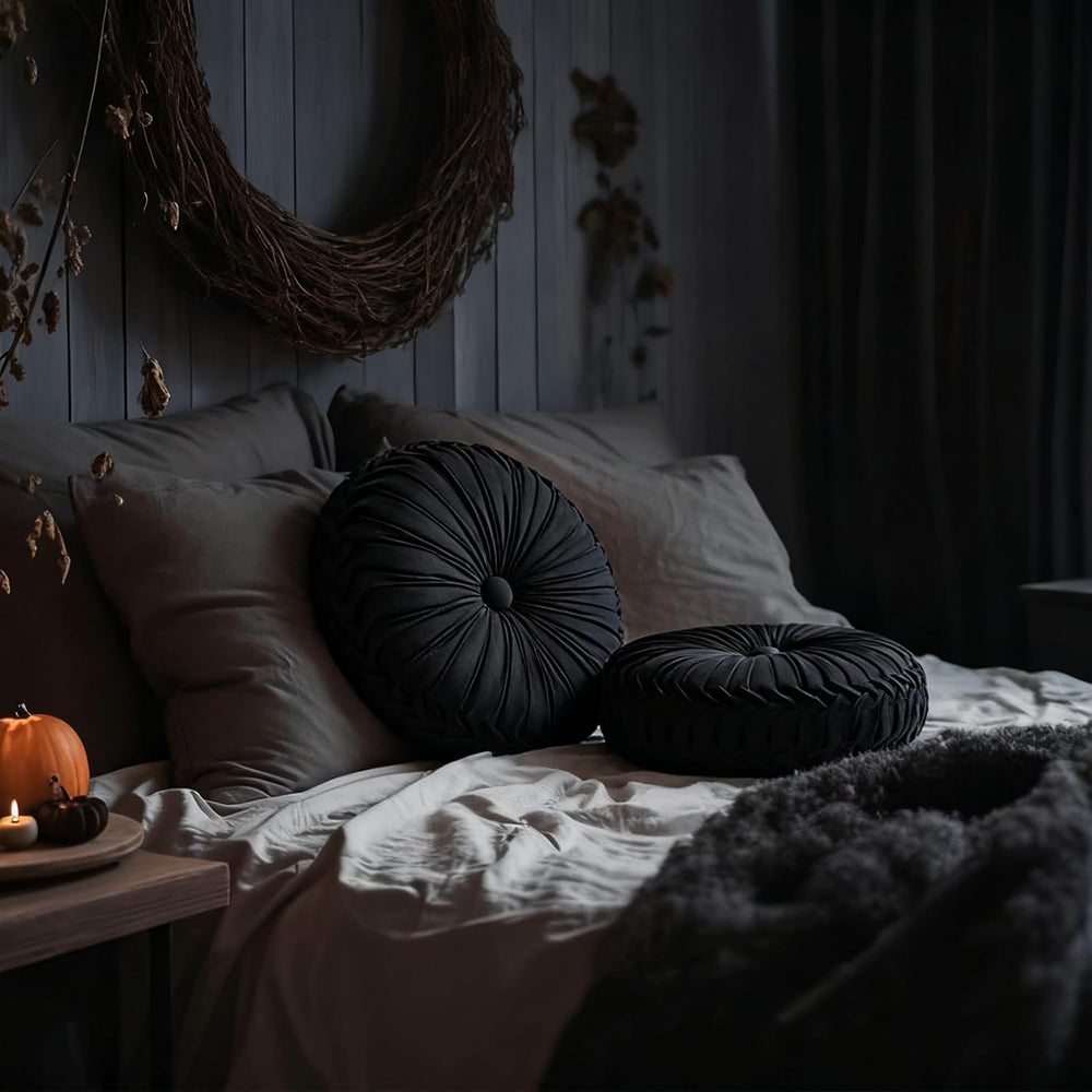 Beeveer 2 Pcs Round Throw Pillows Velvet Pleated Pillows, Black