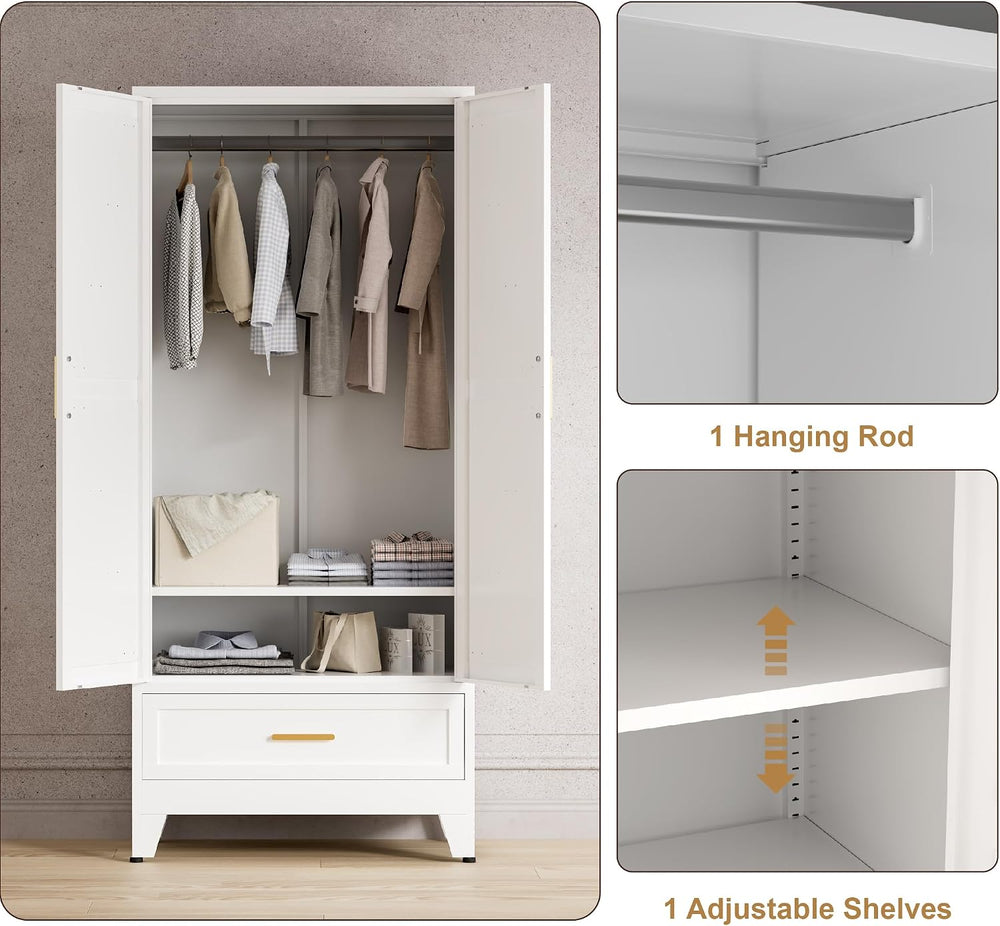 Washsemba 71'' Farmhouse Metal Wardrobe Cabinet with Hanging Rod, 2 B...