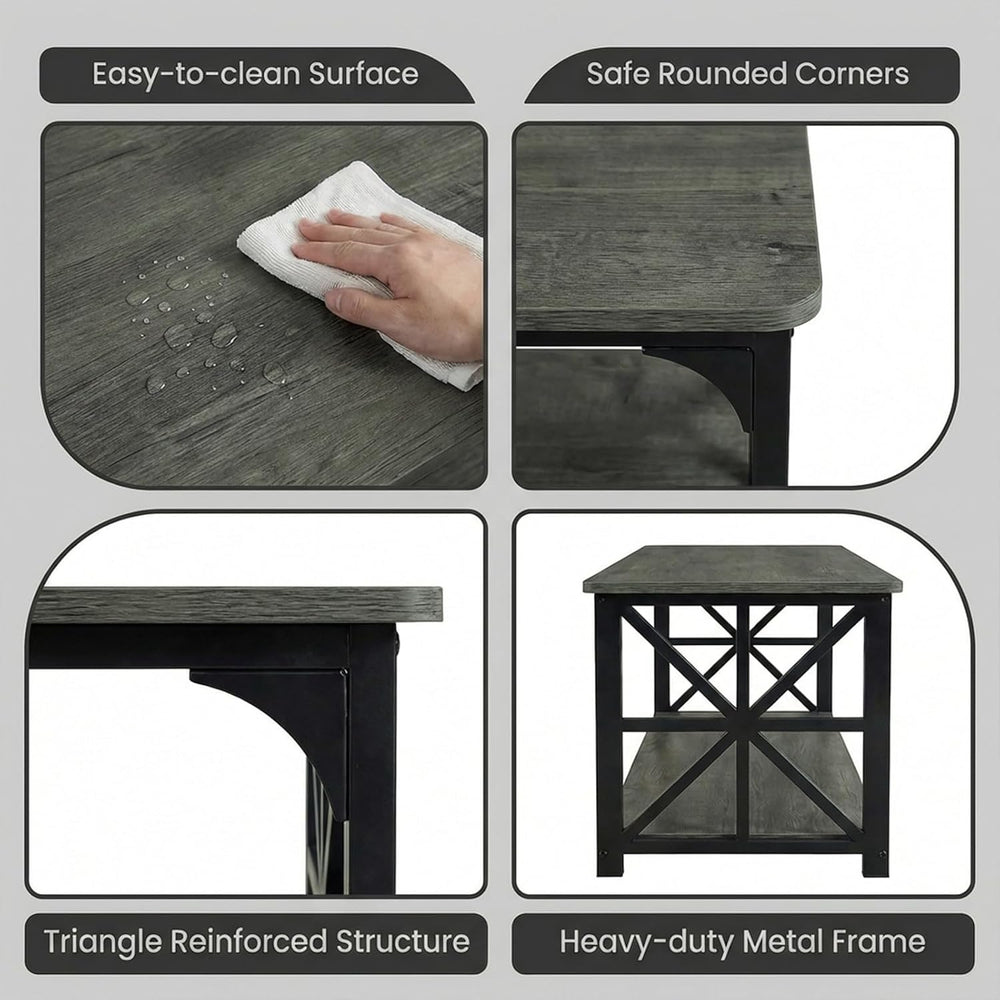COSTWAY 43" 2-Tier Industrial Coffee Table with Storage, Grey Oak+Black