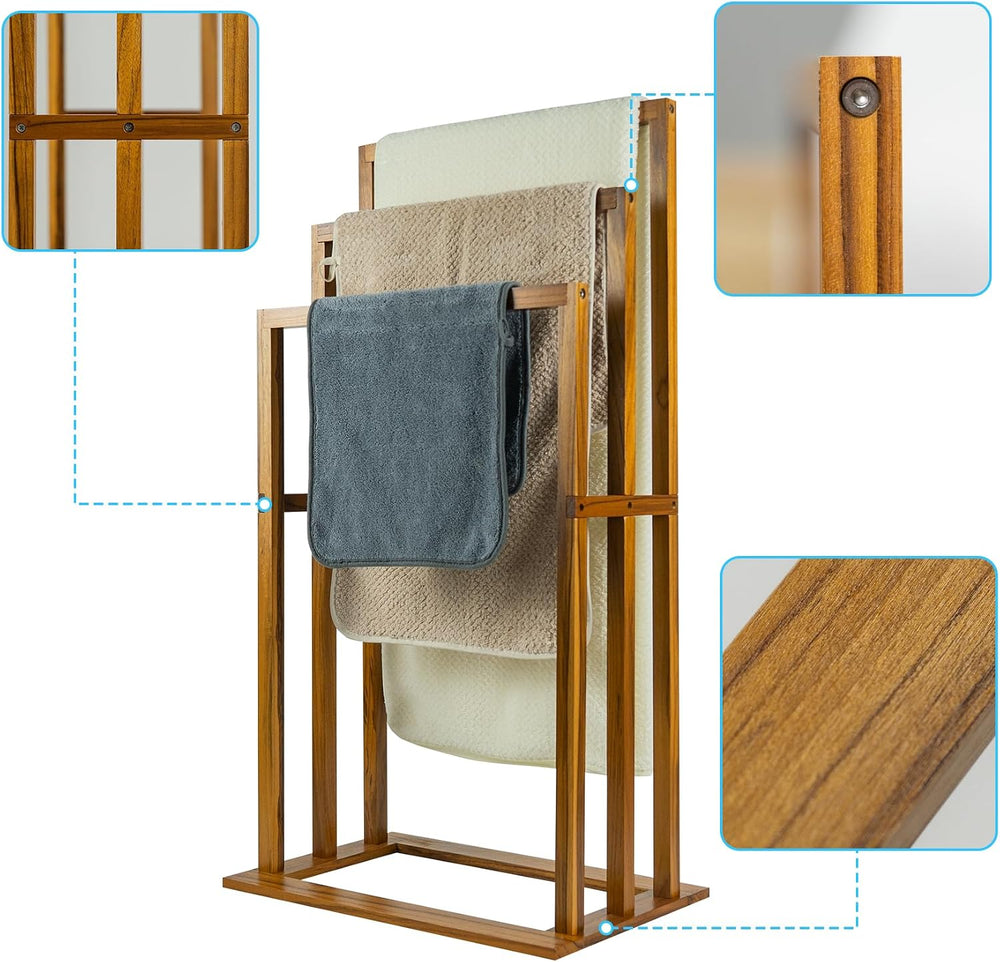 Utoplike Teak Standing Towel Rack for Bathroom, Freestanding Holder 3 Bars