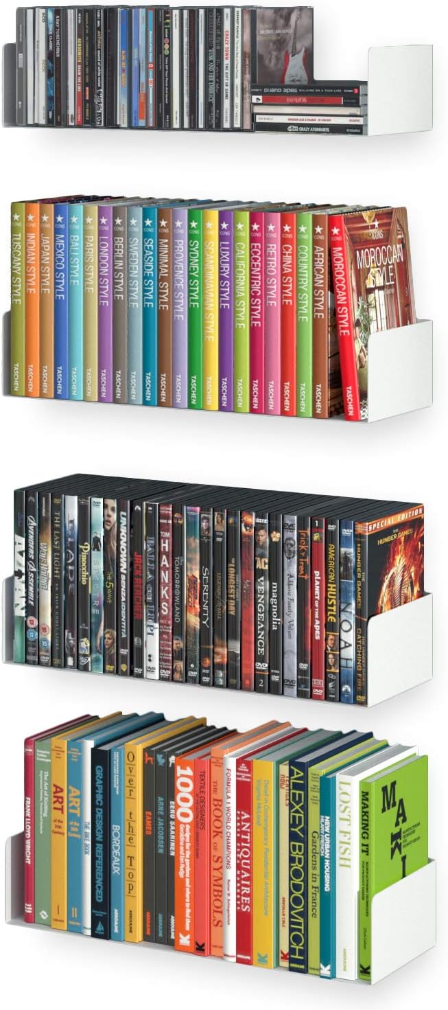 Wallniture Bali White Bookshelf and CD DVD Storage Shelf Set of 4, Metal Floa...