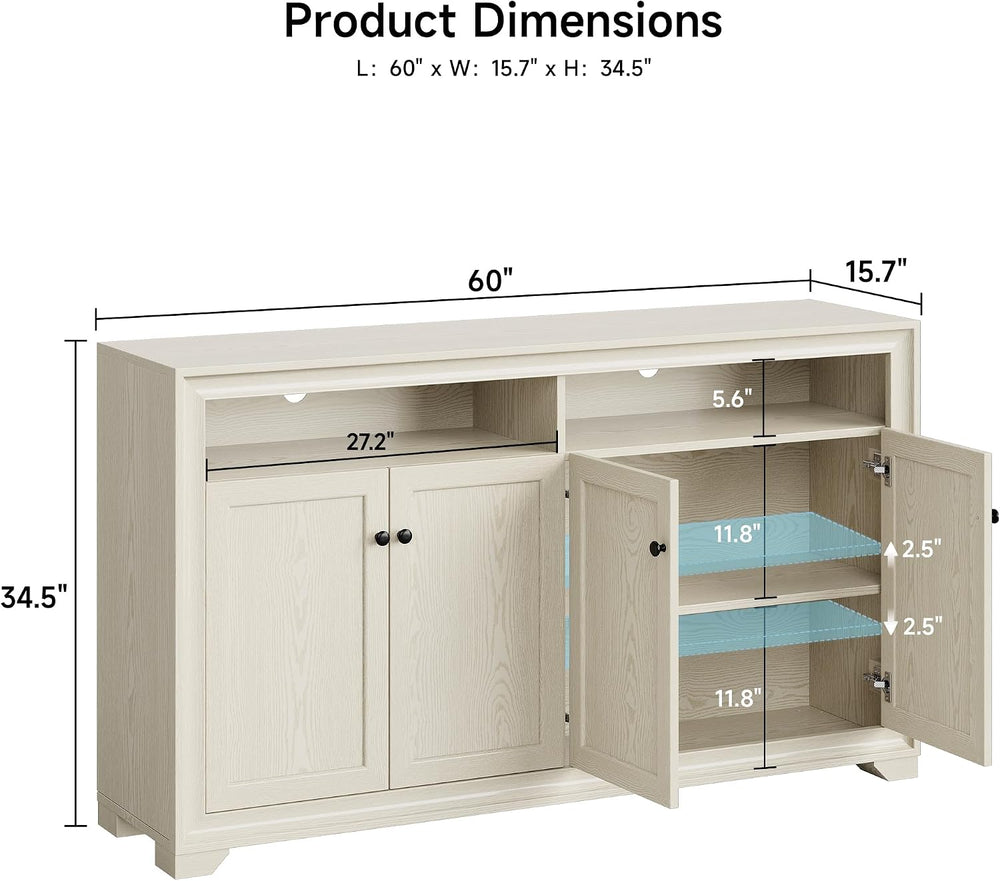 ONBRILL 60 Inches Sideboard Buffet Cabinet with Storage and 4 Doors, White