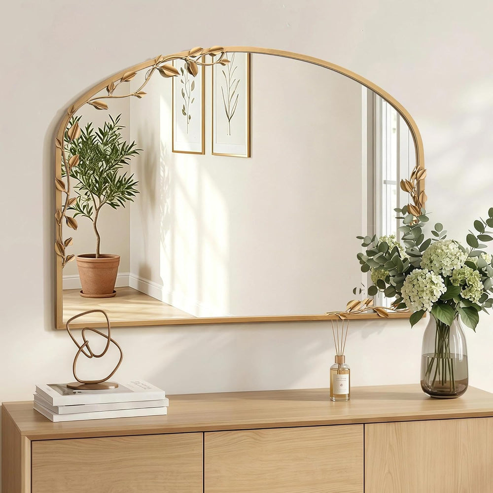 Besdomus Ornate Arched Wall Mirror: 40"x30" Large Gold Fireplace Mi...