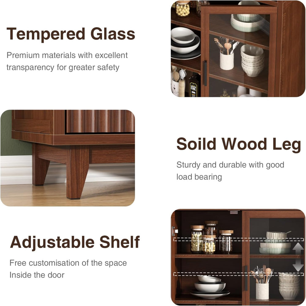 Arched Cabinet with Glass Doors, Fluted Pantry Cabinet with Solid Wood Legs